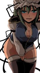  1girl alternate_breast_size bent_over black_thighhighs blue_eyes blush bottomless breasts cleavage covered_erect_nipples covering_privates covering_crotch curvy female_focus green_hair groin hat hat_ribbon large_breasts leaning_forward long_sleeves looking_at_viewer naked_shirt open_mouth ribbon shiba_yuuki shiki_eiki shirt solo thick_thighs thighhighs thighs touhou vest wide_hips  rating:Sensitive score:24 user:danbooru