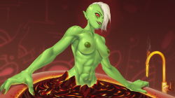  1girl abs alien bath bathtub black_lips body_freckles breasts breasts_apart colored_nipples colored_sclera colored_skin convenient_censoring disney dr.korr eyeliner faucet freckles green_nipples green_skin hair_over_one_eye highres looking_at_viewer lord_dominator makeup medium_breasts lava navel nipples pointy_ears red_eyes red_sclera short_hair side_shave solo toned wander_over_yonder white_hair  rating:Explicit score:41 user:korrdanka