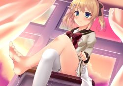 10s 1girl artist_request barefoot battle_girl_high_school blonde_hair blue_eyes blush clothes_lift crossed_legs desk feet female_focus foot_focus fortissimo from_below hair_ornament hair_ribbon kougami_kanon lifting_own_clothes long_hair looking_at_viewer musical_note musical_note_hair_ornament pov ribbon school_desk school_uniform serafuku single_sock sitting smile socks unworn_socks soles solo thighhighs toes twintails white_socks white_thighhighs rating:Questionable score:17 user:ssfl
