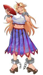  1girl abs absurdres blonde_hair blue_skirt blush breasts cuffs cup dong_8_ang fingernails full_body geta grin hair_between_eyes highres holding holding_cup horns hoshiguma_yuugi large_breasts long_bangs long_hair looking_at_viewer midriff muscular muscular_female red_eyes red_horns red_skirt sakazuki see-through see-through_skirt shackles sharp_fingernails sharp_toenails shirt simple_background single_horn skirt smile solo standing star_(symbol) striped_clothes striped_skirt t-shirt toenails touhou very_long_hair white_background white_shirt wiping_mouth  rating:Sensitive score:8 user:danbooru