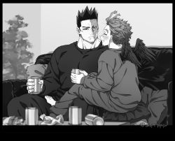  2boys alternate_costume blush boku_no_hero_academia casual couch couple drunk eye_contact facial_hair feathered_wings greyscale hawks_(boku_no_hero_academia) large_pectorals looking_at_another male_focus mature_male monochrome multiple_boys muscular muscular_male on_couch popo_take scar scar_across_eye short_hair sideburns sitting sitting_on_lap sitting_on_person spiked_hair stubble todoroki_enji wings yaoi 