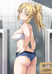  1girl ass bathroom blonde_hair blue_shorts blush braid breasts cutoffs denim denim_shorts fate/apocrypha fate/grand_order fate_(series) french_braid green_eyes hair_ornament hair_scrunchie hands_on_own_hips highres knights_of_the_round_table_(fate) large_breasts mordred_(fate) ponytail red_scrunchie scrunchie short_shorts shorts solo suggestive_fluid sweatdrop try_(lsc)  rating:Sensitive score:65 user:danbooru
