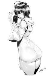  1girl ahoge ass breasts cellphone dated greyscale highres huge_breasts monochrome original orushibu panties panty_pull phone selfie short_hair simple_background smile solo thighs translation_request underwear v white_background  rating:Questionable score:98 user:danbooru