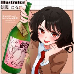  1girl artist_name asaka_haru123 black_hair bottle brown_jacket closed_mouth collared_shirt hair_intakes highres holding holding_bottle index_finger_raised instagram_username jacket light_blush looking_at_viewer medium_hair necktie official_alternate_costume open_clothes open_jacket red_eyes red_necktie sake_bottle shameimaru_aya shameimaru_aya_(newsboy) shirt simple_background sparkling_aura swept_bangs tongue tongue_out touhou twitter_username upper_body v-shaped_eyebrows wavy_hair white_shirt 