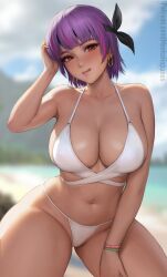  1girl :q ayane_(doa) bare_arms bare_shoulders beach bikini black_ribbon blurry blurry_background blush bracelet breasts closed_mouth day dead_or_alive earrings fingernails hair_ribbon halterneck hand_on_own_head highres jewelry large_breasts looking_at_viewer meekohopanes multicolored_hair nail_polish navel navel_piercing outdoors patreon_username piercing pink_hair purple_hair purple_nails red_eyes ribbon short_hair solo stomach streaked_hair string_bikini swimsuit thick_thighs thighs tongue tongue_out watermark web_address white_bikini 