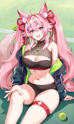  1girl ahoge animal_ear_fluff animal_ears bare_shoulders baseball belly_chain black_buruma black_choker black_jacket black_shirt black_shorts blue_eyes breasts buruma choker cleavage collarbone crop_top fox_ears fox_girl fox_tail foxyreine hair_ribbon hand_on_own_knee highres indie_virtual_youtuber jacket jewelry knee_up kwando large_breasts long_hair long_sleeves looking_at_viewer micro_shorts midriff navel necklace off_shoulder open_clothes open_jacket open_mouth pink_hair ribbon see-through shirt shorts sitting skindentation sleeveless sleeveless_shirt smile solo stomach tail thigh_strap thighs twintails very_long_hair 
