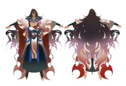  1boy asura_(onmyoji) bare_pectorals bead_necklace beads black_hair black_hakama black_pantyhose black_sleeves blue_ribbon character_sheet chinese_commentary commentary_request dark-skinned_female dark_skin faceless faceless_male flame_print from_behind gradient_hair guowei_laopei hakama hakama_skirt haori japanese_clothes jewelry kimono kimono_around_waist layered_sleeves long_hair male_focus multicolored_hair multiple_views necklace official_art onmyoji outstretched_arms pantyhose pectorals purple_hair ribbon simple_background skirt stirrup_legwear straight-on t-pose toeless_legwear very_long_hair white_background white_kimono white_sleeves wide_sleeves 