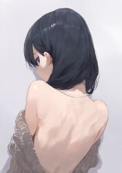 1girl back bare_back bare_shoulders black_hair blue_eyes clothes_down commentary english_commentary grey_background gridman_universe highres jewelry kissshotmagia long_hair looking_at_viewer looking_back necklace pearl_necklace solo ssss.gridman takarada_rikka upper_body rating:Sensitive score:16 user:danbooru