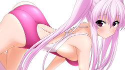 1girl absurdres all_fours ass competition_swimsuit highres long_hair one-piece_swimsuit original pink_hair pink_one-piece_swimsuit purple_eyes solo sugimura_tomokazu swimsuit twintails rating:Sensitive score:20 user:danbooru