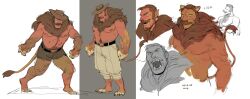  1boy absurdres animal_ears bara brown_fur brown_hair citrus0lemon cowboy_hat cropped_torso facial_hair full_body furry furry_male hat highres large_pectorals lion_boy lion_ears lion_mane lion_tail male_focus mature_male multiple_views muscular pectorals saxton_hale sharp_teeth short_hair shorts tail team_fortress_2 teeth thick_mustache thick_navel_hair topless_male torn_clothes torn_shorts white_background 
