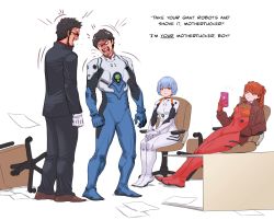  2boys 2girls absurdres alternate_body_size anger_vein angry archvermin arguing ayanami_rei beard black_hair blue_bodysuit blue_eyes blue_hair bodysuit bored breasts brown_footwear brown_hair cellphone chair desk english_text facial_hair father_and_son full_body gloves hand_in_pocket highres ikari_gendou ikari_shinji indifferent interface_headset legs_together long_hair multiple_boys multiple_girls neon_genesis_evangelion office_chair phone plugsuit profanity reclining red_bodysuit short_hair simple_background sitting small_breasts smartphone souryuu_asuka_langley standing swivel_chair table_flip unamused white_bodysuit white_gloves widower 
