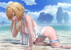 1girl :d absurdres all_fours alternate_costume arm_support beach blonde_hair blue_sky breasts bridal_garter choker cleavage cloud cross-laced_clothes feather_hair_ornament feathers feet_out_of_frame frilled_choker frilled_one-piece_swimsuit frilled_swimsuit frills genshin_impact hair_ornament hand_up highres kneeling large_breasts looking_to_the_side lumine_(genshin_impact) ocean one-piece_swimsuit open_mouth outdoors shallow_water short_hair_with_long_locks sidelocks signature sky smile solo swimsuit water white_choker white_one-piece_swimsuit yabacha yellow_eyes rating:Sensitive score:57 user:danbooru