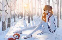  1girl artist_request bodysuit day doll evangelion:_3.0+1.0_thrice_upon_a_time expressionless eyepatch forest full_body highres interface_headset long_hair nature neon_genesis_evangelion outdoors pilot_suit plugsuit rebuild_of_evangelion shiny_clothes sitting snow solo souryuu_asuka_langley tree white_bodysuit 