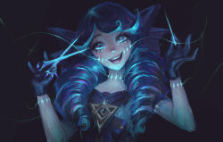 1girl :d black_background black_bow black_gloves bow breasts drill_hair gloves green_hair gwen_(league_of_legends) hair_bow highres holding holding_needle holding_scissors league_of_legends long_hair looking_at_viewer needle open_mouth scissors smile solo teeth twin_drills twintails upper_body zoe_(crownsforkings) rating:Sensitive score:22 user:danbooru