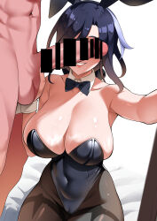  1boy 1girl absurdres alternate_breast_size animal_ears bar_censor black_pantyhose blue_hair breasts censored cleavage clorinde_(genshin_impact) commentary dark_blue_hair detached_collar english_commentary facing_viewer fake_animal_ears genshin_impact hetero highres huge_breasts leotard limelam06 long_hair multicolored_hair paid_reward_available pantyhose parted_lips penis penis_on_face penis_over_eyes playboy_bunny rabbit_ears smile strapless strapless_leotard streaked_hair testicles white_background 