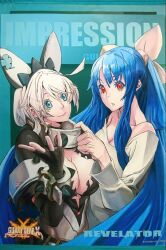  2girls ahoge animal_ears arc_system_works bare_shoulders blue_eyes blue_hair bracelet breasts cleavage closed_mouth clover collar copyright_name dizzy_(guilty_gear) elphelt_valentine english_text fake_animal_ears four-leaf_clover grey_hair guilty_gear guilty_gear_xrd guilty_gear_xrd:_revelator hair_ribbon huge_ahoge ishiwatari_daisuke jewelry large_breasts multiple_girls official_art rabbit_ears red_eyes ribbon short_hair smile spiked_bracelet spiked_collar spikes twintails yellow_ribbon 