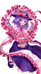  1girl absurdres black_footwear black_hat black_skirt bow capelet closed_mouth commentary_request frilled_capelet frilled_shawl frills hat hat_bow highres long_skirt looking_at_viewer nagae_iku pontsu_bonta purple_hair red_bow red_eyes shawl short_hair simple_background skirt smile solo touhou white_background 