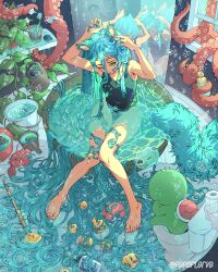  1girl absurdly_long_hair animal_ears arms_up artist_name bare_legs bare_shoulders barefoot bath bathroom black_one-piece_swimsuit blue_eyes blue_hair breasts bubble bucket cat_ears cat_girl cat_tail commentary commentary_request crab english_commentary feet fish full_body heart highres in_bowl in_container lobster long_hair medium_breasts mirror octopus one-piece_swimsuit one_eye_closed original paperlarva partially_submerged pillbug plant potted_plant procreate_(medium) rubber_duck sitting soap_bubbles solo surreal swimsuit tail tentacles tile_floor tiles toilet toilet_paper toilet_use toothbrush toothpaste turtle very_long_hair washing_hair water watering_can wet window 