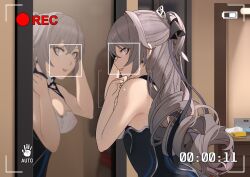  1girl :d adjusting_hair bare_shoulders black_dress breasts bronya_zaychik bronya_zaychik_(silverwing:_n-ex) cabinet commentary_request condom condom_wrapper cowboy_shot dress drill_hair grey_eyes grey_hair hair_ornament highres honkai_(series) honkai_impact_3rd indoors large_breasts long_hair looking_at_viewer mirror open_mouth reflection sleeveless sleeveless_dress smile solo tissue twin_drills viewfinder yomigaeru 
