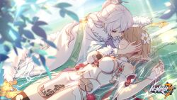  2girls bare_shoulders blue_nails breasts china_dress chinese_clothes closed_eyes closed_mouth copyright_name covered_eyes detached_sleeves dress flower fur_trim hair_flower hair_ornament hand_on_another&#039;s_face hand_on_another&#039;s_head highres honkai_(series) honkai_impact_3rd jewelry light_brown_hair logo long_hair lying medium_breasts multiple_girls nail_polish official_art on_back rita_rossweisse rita_rossweisse_(artemis) second-party_source theresa_apocalypse wading water white_hair zhuge_kongming_(honkai_impact) 