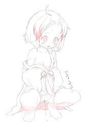  1girl borrowed_character breasts censored done_(donezumi) female_focus loli monochrome multicolored_hair off_shoulder open_mouth original peeing pussy sakuen short_hair sleeves_past_wrists small_breasts solo spot_color squatting  rating:Explicit score:37 user:Dweenie