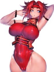  1girl adapted_costume armpits arms_up bandana blue_eyes breasts cameltoe cleft_of_venus code_geass covered_erect_nipples covered_navel cowboy_shot curvy detached_sleeves fumio_(rsqkr) hair_intakes highleg highleg_leotard highres kouzuki_kallen large_breasts leotard looking_to_the_side open_mouth red_hair red_leotard shiny_skin short_hair simple_background solo white_background wide_hips  rating:Questionable score:112 user:DarkToonLink