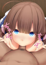 10s 1boy 1girl ahoge blue_eyes blunt_bangs blush brown_hair censored commentary_request daiaru fellatio hetero hinatsuru_ai loli long_hair looking_at_viewer low_twintails mosaic_censoring oral penis pov ryuuou_no_oshigoto! solo_focus twintails wooden_floor rating:Explicit score:41 user:danbooru