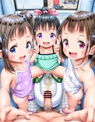  3girls absurdres age_difference ass blush bottomless censored cleft_of_venus double_v exhibitionism fat_mons flat_chest graffiti higegepon highres huge_filesize loli looking_at_viewer multiple_boys multiple_girls no_panties nude peeing penis pov pov_crotch public_indecency puddle restroom smile squat_toilet squatting steam tagme third-party_edit v 