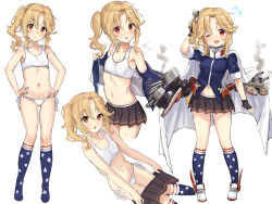  1girl american_flag_legwear ata_(tsumari) azur_lane bare_shoulders black_skirt blonde_hair blush cape clevelad_(azur_lane) clothes_pull commentary_request cowboy_shot cropped_legs fang flat_chest flying_sweatdrops full_body hands_on_own_hips highres kneehighs loli looking_at_viewer medium_hair miniskirt multiple_views navel one_eye_closed open_mouth panties pout pulling_own_clothes red_eyes side-tie_panties side_ponytail simple_background skin_fang skirt skirt_pull smile socks sports_bra tareme turret underwear underwear_only undressing v-shaped_eyebrows white_background white_cape white_panties white_sports_bra  rating:Sensitive score:92 user:danbooru