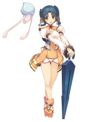  1girl absurdres amazuyu_tatsuki animal_ears aquaplus atuy blue_hair breasts cleavage dress female_focus full_body hair_ornament highres holding holding_weapon jellyfish looking_at_viewer medium_breasts official_art orange_dress orange_eyes short_shorts shorts simple_background smile solo standing tagme thighs utawarerumono utawarerumono:_futari_no_hakuoro utawarerumono:_itsuwari_no_kamen weapon white_background  rating:General score:5 user:EdWin02