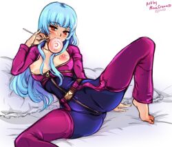 1girl arm_support artist_name barefoot blue_hair bodysuit breasts breasts_out candy dated food garter_straps kula_diamond leg_up lollipop long_hair looking_at_viewer medium_breasts mina_cream on_bed open_bodysuit open_clothes pillow red_eyes saliva solo third-party_edit white_background zipper