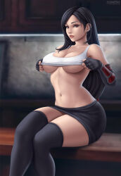  1girl absurdres arms_behind_back black_hair breasts brown_eyes clothes_lift female_focus final_fantasy final_fantasy_vii fingernails flowerxl highres large_breasts latex_skirt long_hair looking_at_viewer panties red_footwear shirt shirt_lift sitting sitting_on_object skirt socks solo stuck thighs tifa_lockhart toned toned_female underwear video_game_character 