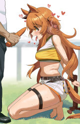  1girl absurdres barefoot black_bow blush bow breasts carrot commentary_request commission ear_bow feipin_zhanshi grass highres horse_girl kneeling looking_to_the_side mayano_top_gun_(umamusume) midriff mixed-language_commentary open_mouth orange_eyes orange_hair restrained revision saliva second-party_source sexually_suggestive shorts simple_background small_breasts solo_focus tears thigh_strap thighs toenails toes tongue tongue_out trainer_(umamusume) umamusume white_background white_shorts  rating:Questionable score:39 user:danbooru
