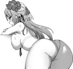  1girl alsace_(azur_lane) alsace_(heat_beating_summer_sacrament)_(azur_lane) ass azur_lane azur_lane:_slow_ahead bikini blush breasts flower from_behind greyscale hair_flower hair_ornament hori_(hori_no_su) large_breasts long_hair looking_at_viewer monochrome official_alternate_costume official_art parted_lips sideboob solo swimsuit very_long_hair  rating:Sensitive score:9 user:danbooru