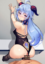 1boy 1girl absurdres against_wall ahoge alternate_costume anus ass back bare_shoulders bent_over black_thighhighs blue_hair blush bow breasts choker from_behind ganyu_(genshin_impact) gem genshin_impact goat_horns hetero highres horns jewelry jiaoshoutongxue long_hair looking_at_viewer looking_back low_ponytail male_pubic_hair penis pubic_hair purple_eyes pussy sex sex_from_behind sideboob small_breasts standing standing_sex thighhighs thighs vaginal wall rating:Explicit score:116 user:danbooru