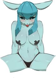 1girl :3 animal_ears animal_nose areola_slip arms_at_sides black_panties blue_eyes blue_fur blue_hair blue_sclera blush body_fur breasts bright_pupils cameltoe cleft_of_venus collarbone colored_sclera covered_erect_nipples creatures_(company) cropped_legs cross_pasties female_focus furry furry_female game_freak gen_4_pokemon glaceon groin half-closed_eyes happy large_breasts long_hair looking_at_viewer navel nintendo panties pasties personification pokemon pokemon_(creature) shiny_skin sidelocks simple_background sitting sketch smile solo spread_legs stomach straight-on string_panties sweat thighs tongue tongue_out topless two-tone_fur underwear white_background white_pupils yawar rating:Questionable score:78 user:AngryZapdos