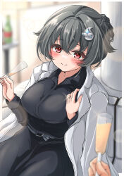  1girl 1other alternate_costume alternate_hairstyle black_dress black_hair braid braided_bun champagne_flute commentary_request cup dress drinking_glass hair_bun hair_ornament hairclip highres jacket jacket_on_shoulders jewelry jingei_(kancolle) kantai_collection kasashi_(kasasi008) red_eyes ring sitting solo_focus wedding_ring whale_hair_ornament white_jacket 