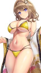  1girl bikini blue_eyes breasts brown_hair cleavage dolphin_wave highres japanese_clothes kimono large_breasts looking_at_viewer navel pinesphere solo suminoe_shion swimsuit white_background yellow_bikini  rating:Sensitive score:15 user:Megawolfie94