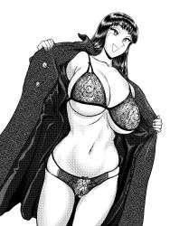 1girl absurdres asato_ai black_eyes black_hair bra breasts cleavage coat crotchless crotchless_panties feet_out_of_frame female_focus female_pubic_hair groin highres ken_buntei kochikame large_breasts legs lingerie long_hair looking_at_viewer monochrome navel nipples open_clothes open_coat panties pubic_hair pulling_own_clothes see-through simple_background smile solo standing thighs underwear underwear_only white_background