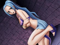 1girl blue_eyes blue_hair blue_skirt breasts cleavage covering_privates covering_breasts crimson_comics indoors long_hair matching_hair/eyes nefertari_vivi one_piece open_mouth pleated_skirt ponytail sandals skirt solo torn_clothes rating:Sensitive score:32 user:danbooru