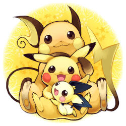 artist_request brown_eyes closed_mouth creatures_(company) evolutionary_line game_freak gen_1_pokemon gen_2_pokemon nintendo no_humans open_mouth pichu pikachu pokemon pokemon_(creature) raichu sitting smile
