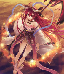 1girl ???_(sdg19881022) ahoge breasts cleavage closed_mouth collarbone date_a_live hair_ribbon highres holding holding_weapon horns itsuka_kotori large_breasts long_hair looking_at_viewer red_eyes red_hair ribbon sandals smile solo weapon rating:Sensitive score:8 user:danbooru