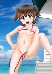  1girl :d atp bikini bikini_top_lift brown_eyes brown_hair cleft_of_venus clothes_lift cloud female_focus flat_chest foot_out_of_frame groin hand_on_own_hip loli looking_at_viewer navel nipples open_mouth original outdoors paid_reward_available pink_bikini pussy short_hair short_twintails sky smile solo swimsuit teeth thighs tongue twintails uncensored untied_bikini upper_teeth_only 