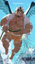  1boy ^_^ abs akiha_gongen_(housamo) bandaid bandaid_on_face bandaid_on_nose bara bare_pectorals boxers closed_eyes dark-skinned_male dark_skin dyzd1 facial_hair facial_scar flying goatee grin happy highres holding holding_hose horns hose large_pectorals looking_at_viewer male_focus male_underwear multicolored_hair muscular muscular_male no_pants open_clothes open_shirt orange_male_underwear pectorals scar scar_on_cheek scar_on_face short_hair single_horn smile solo spraying spread_wings strongman_waist thick_eyebrows thick_thighs thighs tokyo_houkago_summoners two-tone_hair underwear water white_hair 
