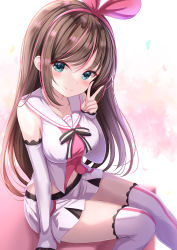 1girl black_bow black_bowtie blue_eyes blush bow bow_hairband bowtie breasts brown_hair closed_mouth commentary_request detached_sleeves feet_out_of_frame hairband hand_up highres kizuna_ai kizuna_ai_inc. lace lace-trimmed_legwear lace_trim long_hair long_sleeves looking_at_viewer medium_breasts pink_hair sailor_collar shirt sitting skirt sleeves_past_wrists smile solo thighhighs v virtual_youtuber white_sailor_collar white_shirt white_skirt white_thighhighs yuano rating:Sensitive score:27 user:danbooru