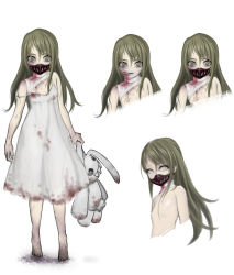  1girl bandages barefoot blonde_hair blood creepy dress fangs feet female_focus flat_chest grey_eyes highres loli long_hair looking_at_viewer monster_girl original simple_background stuffed_animal stuffed_toy topless toy whispercat white_background zombie  rating:Questionable score:48 user:oxo