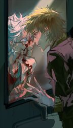  2boys absurdres atou_haruki black_jacket blonde_hair blood blood_on_clothes blood_on_face blood_on_hands blue_eyes chinese_commentary commentary_request different_reflection glasses grey_shirt heyao79422 highres jacket kanou_aogu lab_coat long_sleeves looking_at_mirror male_focus mirror multiple_boys open_clothes open_mouth red_eyes reflection saibou_shinkyoku shirt short_hair sweater turtleneck turtleneck_sweater white_hair yellow_sweater 