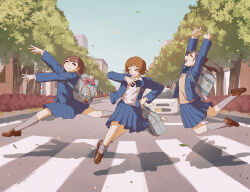  3girls absurdres arms_up avogado6 bag black_hair blue_bag blue_bow blue_bowtie blue_jacket blue_skirt blue_sky blush bow bowtie brown_footwear brown_hair building bush buttons car charm_(object) city clenched_hand closed_eyes collared_shirt commentary crosswalk day emblem grey_socks hair_ornament hairpin hand_on_own_hip hand_up happy highres holding holding_bag jacket jumping lapels leaf long_hair long_sleeves motor_vehicle multiple_girls open_clothes open_jacket open_mouth original outdoors pink_bow plaid plaid_bow plaid_bowtie pleated_skirt polka_dot polka_dot_bow pom_pom_(clothes) road school_uniform shadow shirt shoes skirt sky smile socks teeth tree vest white_shirt yellow_vest 