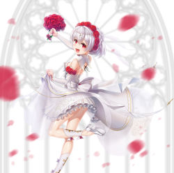  1girl back bare_shoulders blurry blurry_foreground bouquet dress flower gotointhepark highres holding holding_bouquet honkai_(series) honkai_impact_3rd looking_at_viewer looking_back petals red_eyes red_flower red_rose rose shoe_soles simple_background solo theresa_apocalypse theresa_apocalypse_(luna_kindred) wedding_dress white_dress white_footwear white_hair white_sleeves 