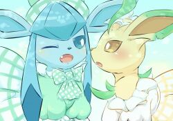 blue_eyes blue_hair blush bow bright_pupils creatures_(company) dress fang game_freak gen_4_pokemon glaceon glaceon_(checkered) hat leafeon leafeon_(checkered) matata nintendo one_eye_closed open_mouth pokemon pokemon_(creature) pokemon_unite sidelocks white_pupils